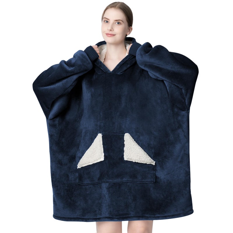 Touchat Wearable Blanket Hoodie, Oversized Sherpa Blanket Sweatshirt with Hood Pocket and Sleeves, Super Soft Warm Comfy Plush Hooded Blanket for Adult Women Men, One Size Fits All (NavyBlue) - Image 1
